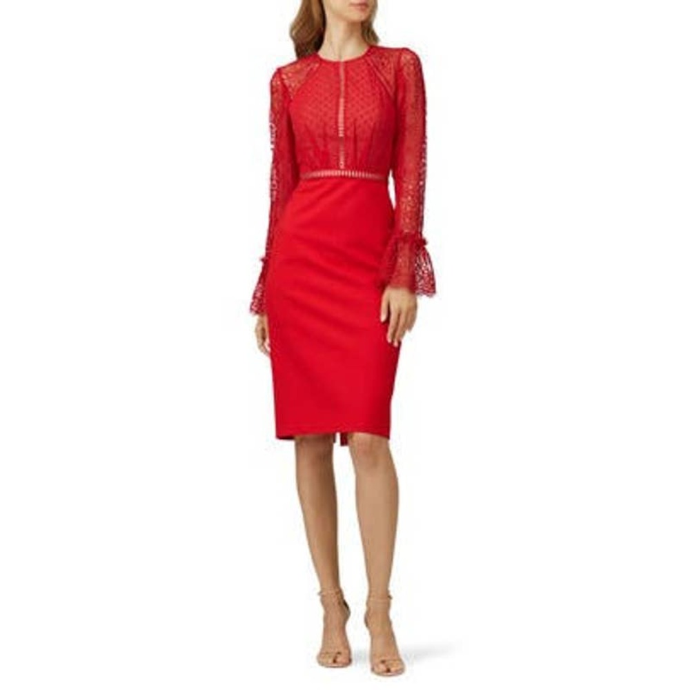 Catherine Deane Nieve Red Lace Sheath Heart Detail Long Sleeve Dress Size 4